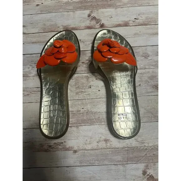 Stuart Weitzman Jelly Thong Flip Flop Size 9 Patent Leather Floral Flower Sandal - Picture 3 of 6